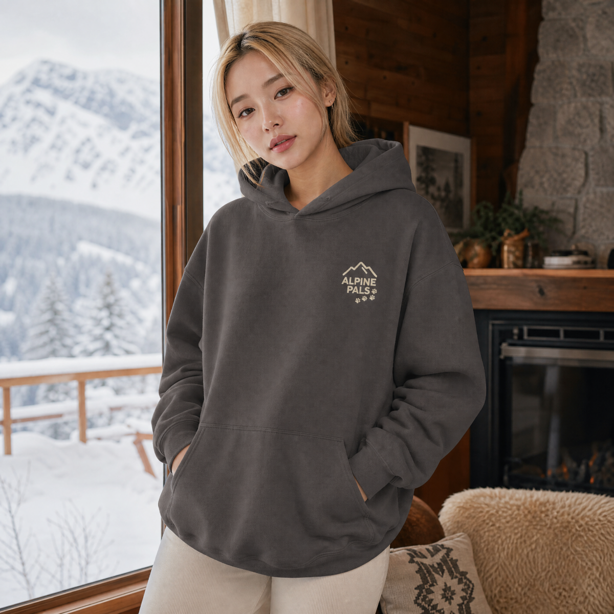 Person wearing a charcoal gray hoodie with a logo, standing in a room with a snowy mountain view.