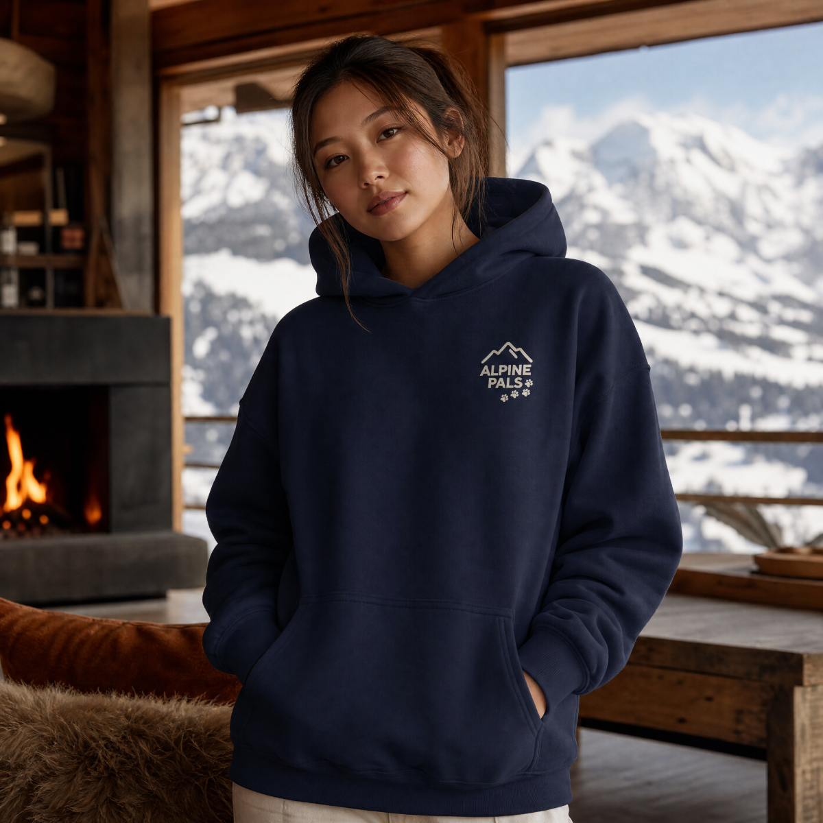 Person wearing a navy hoodie with 'Alpine Pals' logo in a cozy cabin setting.