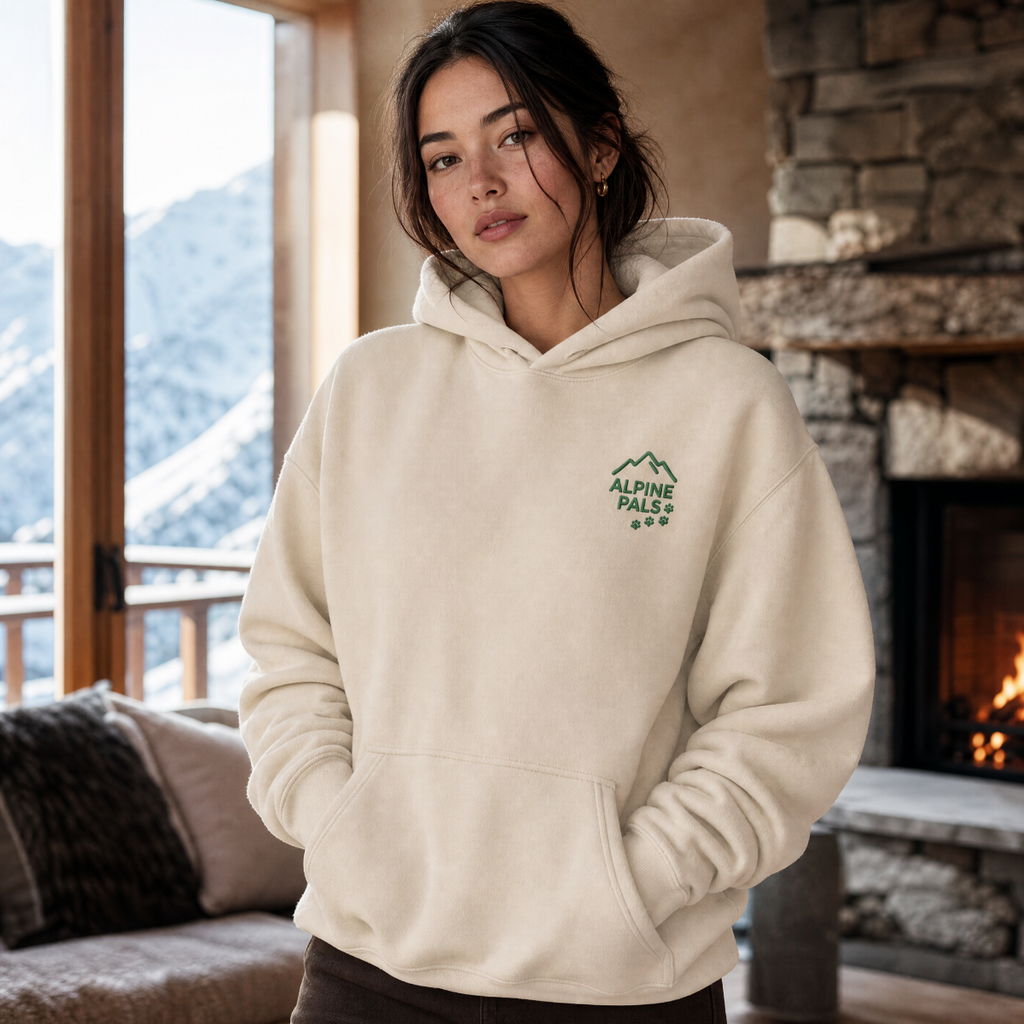 Woman wearing a sand colored hoodie with a logo in a cozy room with a fireplace and mountain view.