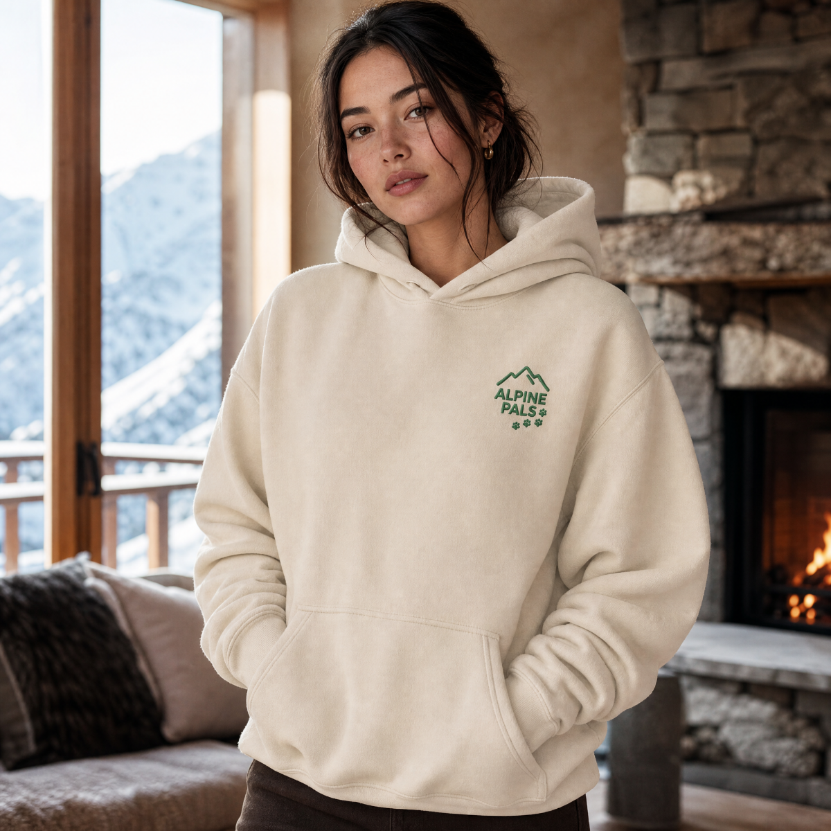 Woman wearing a sand colored hoodie with a logo in a cozy room with a fireplace and mountain view.