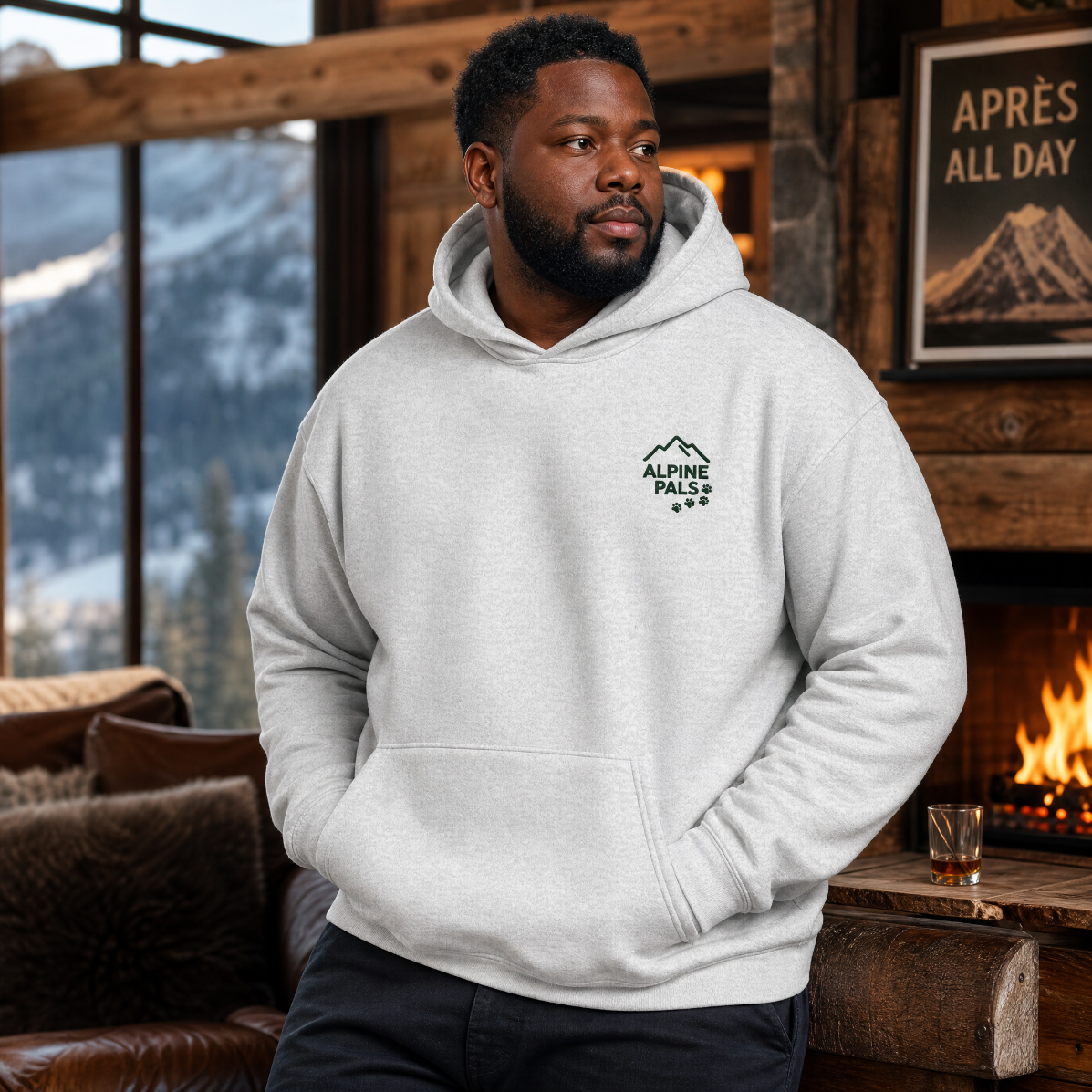 Man wearing an ash gray hoodie with a logo in a cozy room with a fireplace and mountain view.