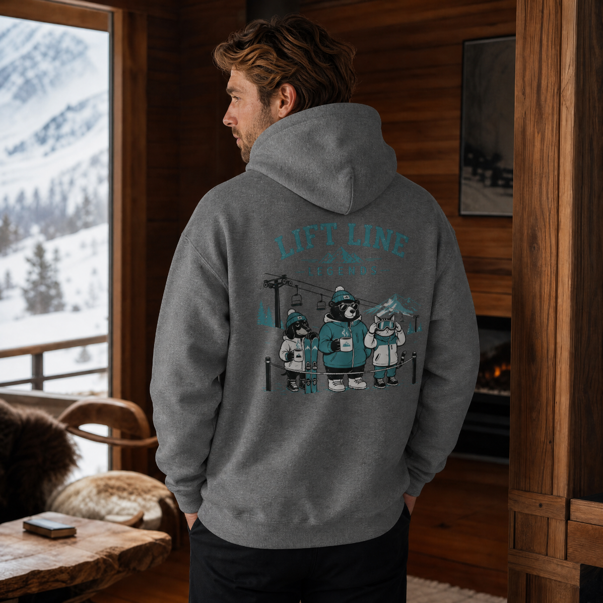 Person wearing a graphite gray hoodie with a bear graphic and text, standing in a room with a snowy mountain view.
