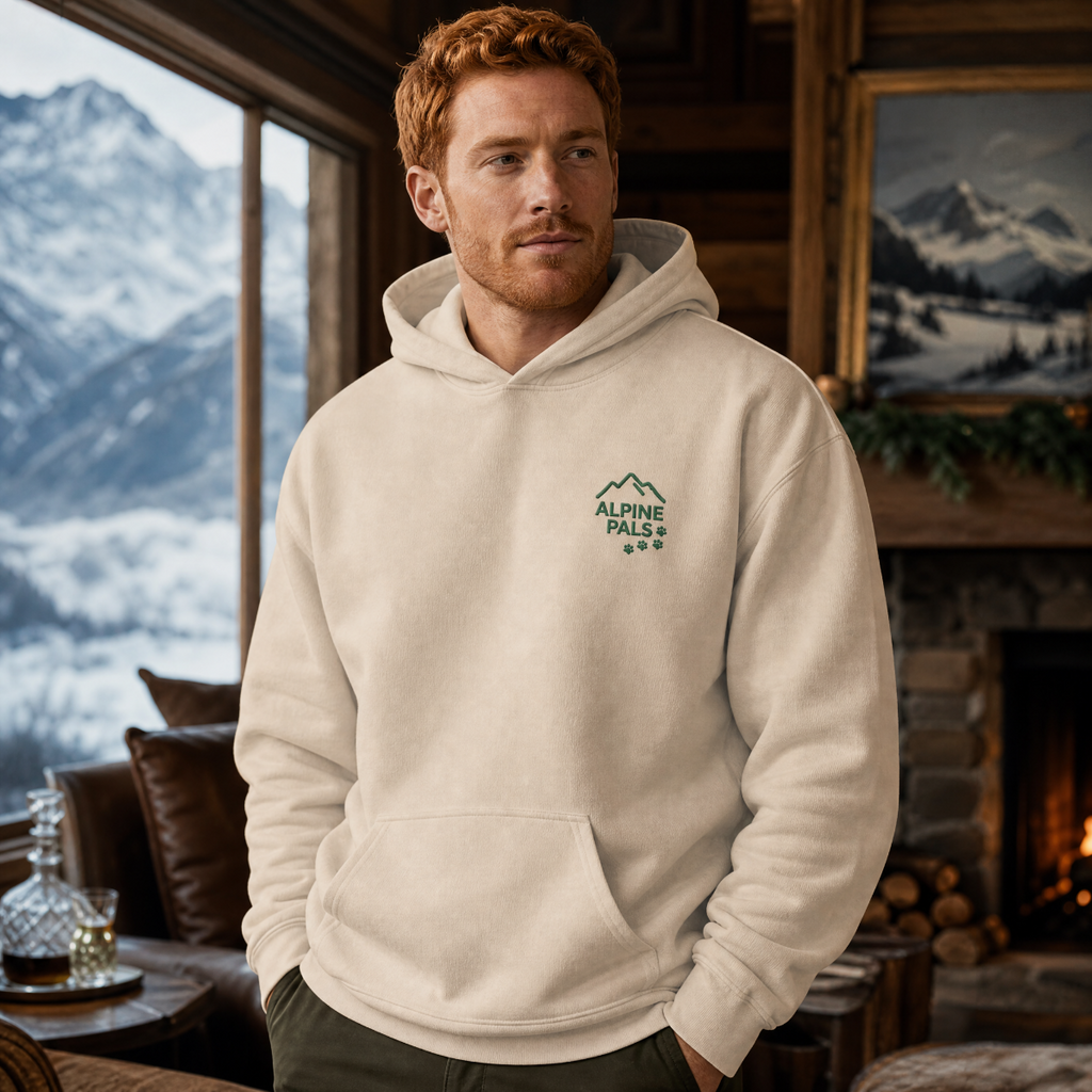 Man wearing a sand colored hoodie with 'Alpine Pals' logo in a cozy room with mountain view
