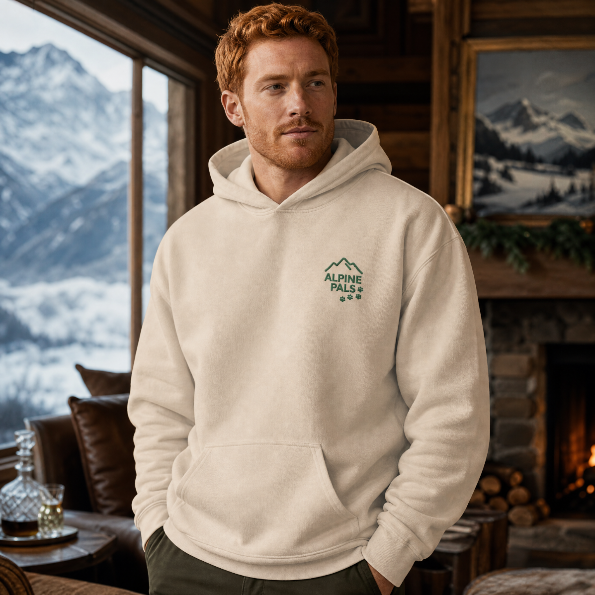 Man wearing a sand colored hoodie with 'Alpine Pals' logo in a cozy room with mountain view