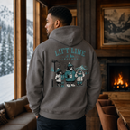 Person wearing a hoodie with 'Lift Line Legends' design in a cozy room with a fireplace.
