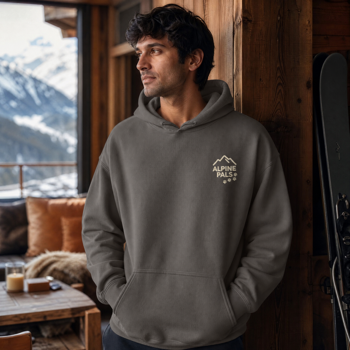 Man wearing a dark heather gray hoodie with 'Alpine Pals' logo in a mountain lodge setting
