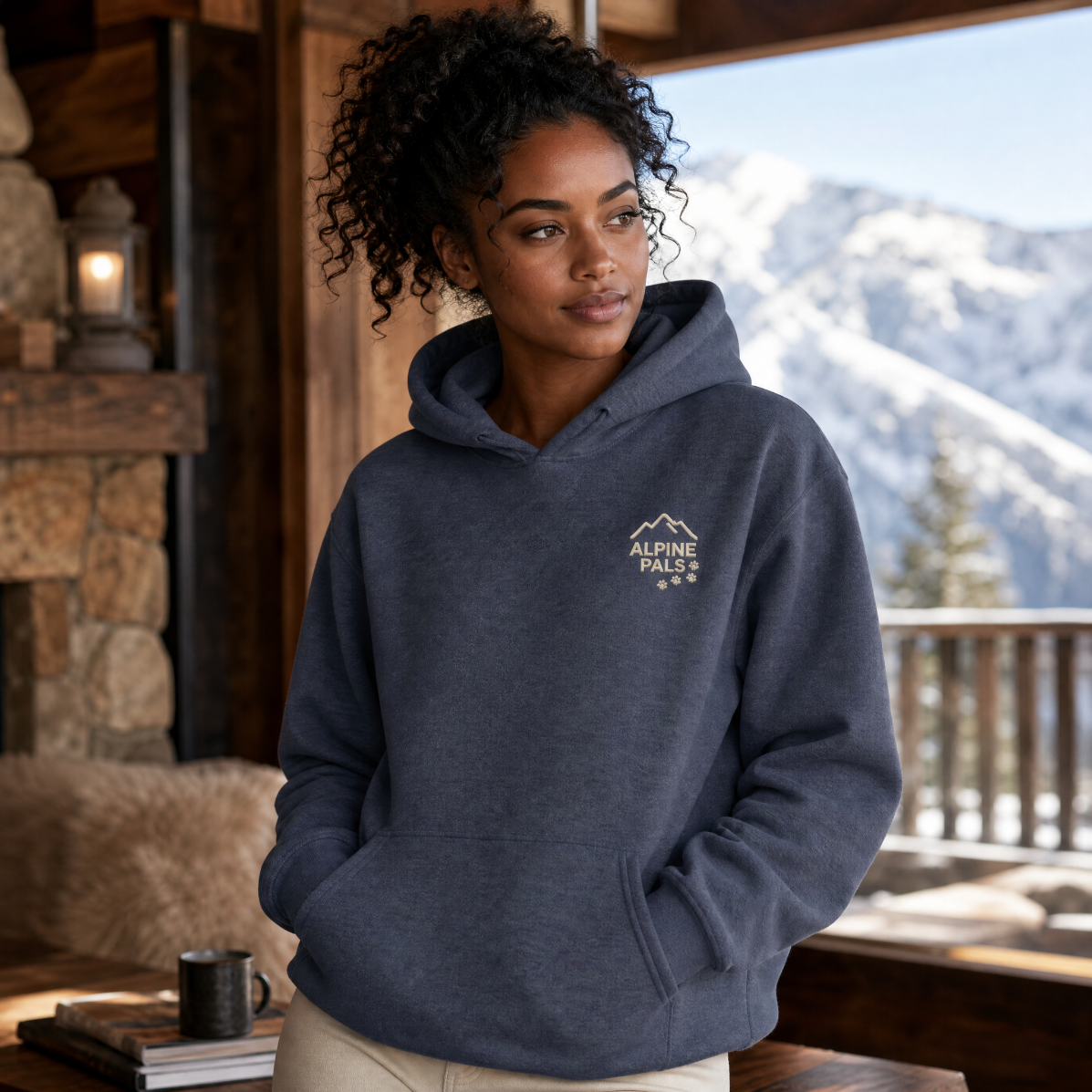 Woman wearing a Heather sport dark navy hoodie with 'Alpine Pals' logo in a mountainous setting