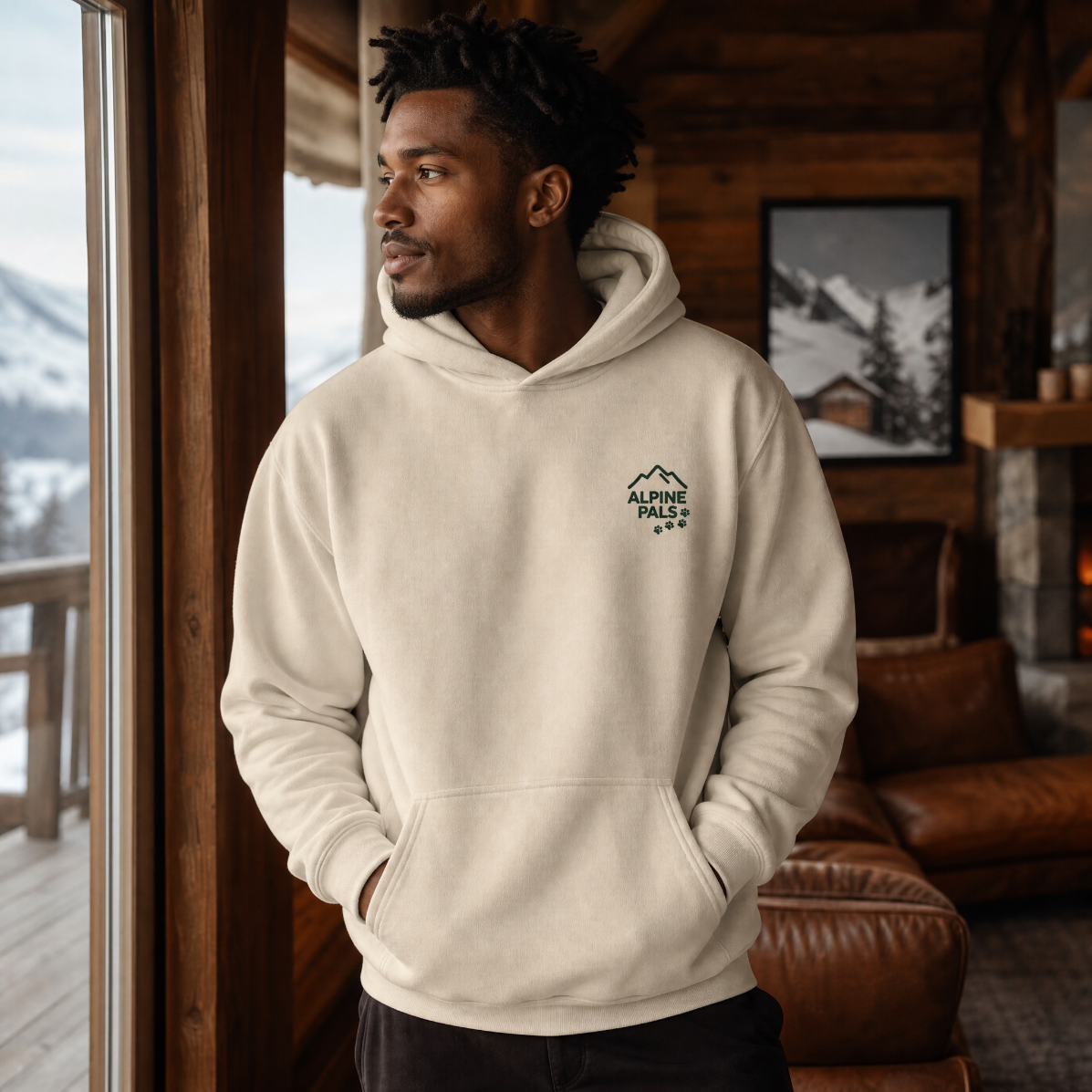 Man in a cozy cabin setting wearing a sand colored hoodie with the "Alpine Pals" logo.