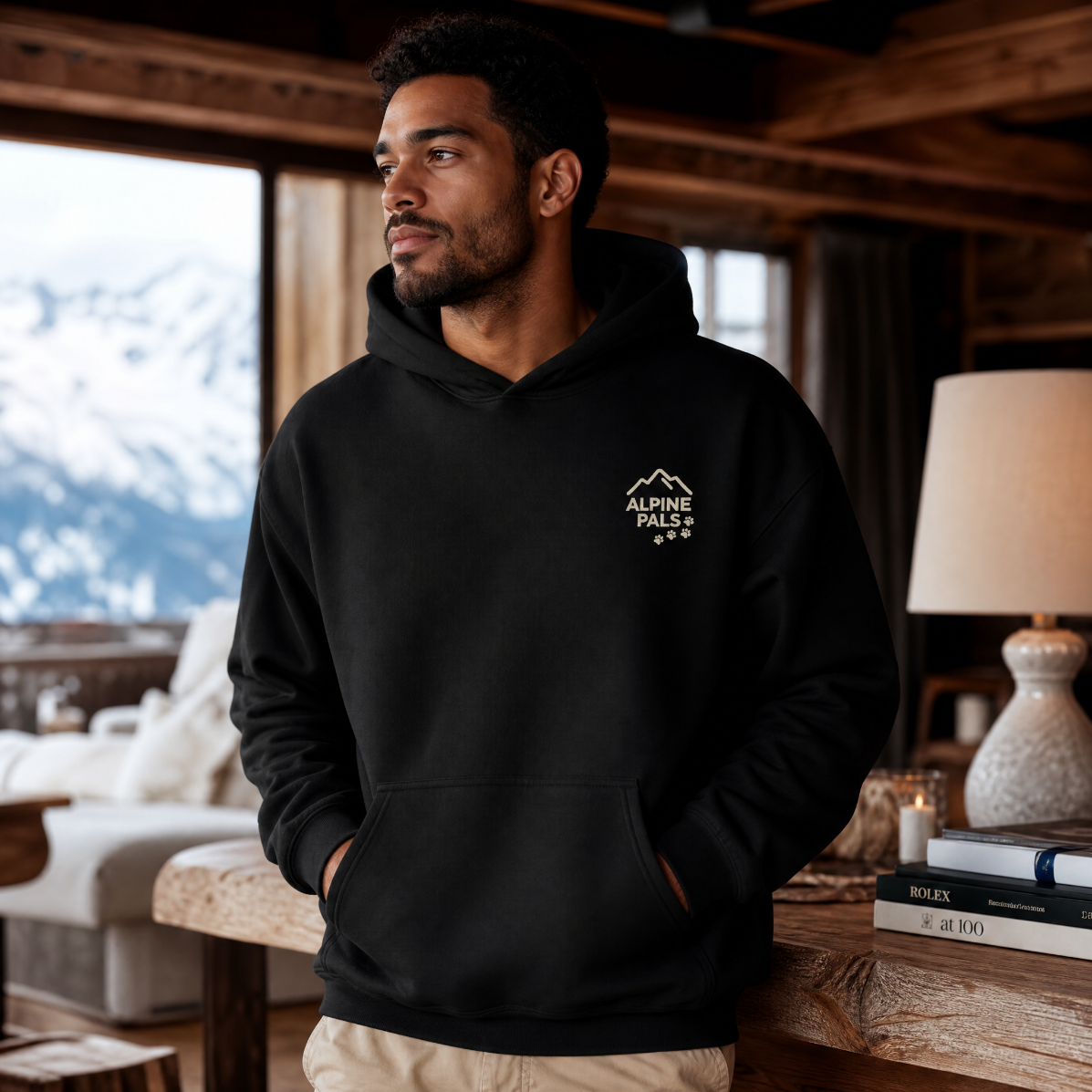 Man wearing a black hoodie with a logo in a cozy room with mountain view