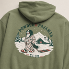 Military green hoodie with a graphic of a dog in pajamas and text 'Powder & Pajamas Club' on the back.