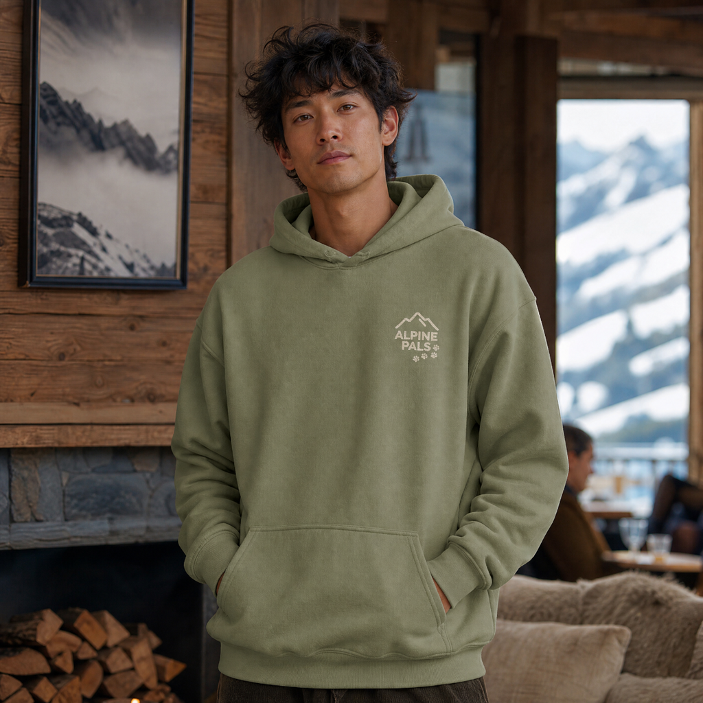 Man wearing a military green hoodie with a mountain logo in a cozy indoor setting with mountain views.