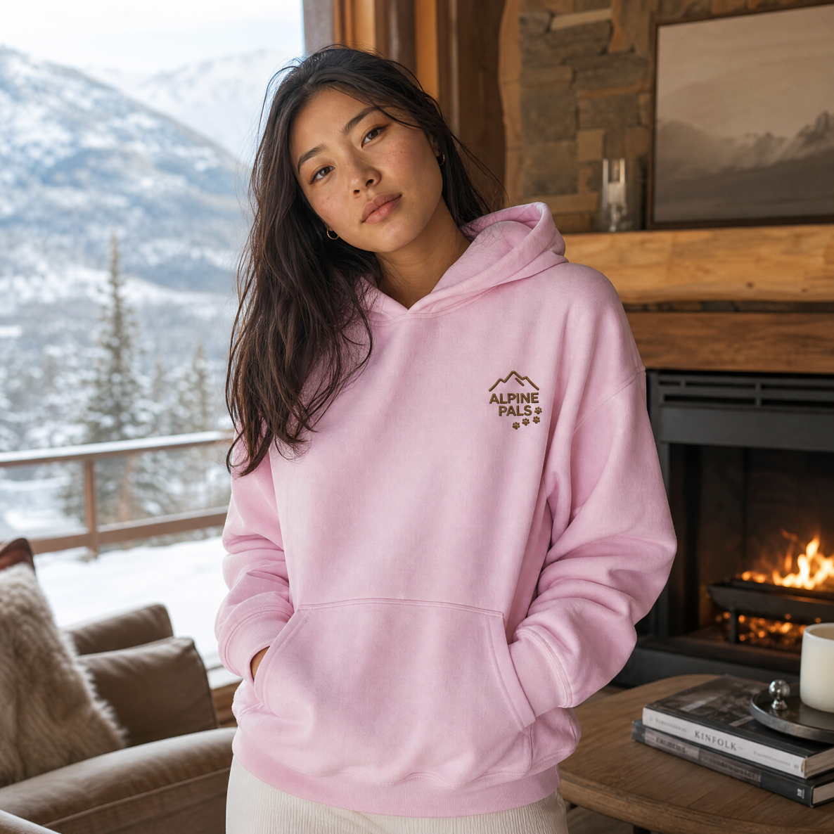 Person wearing a pink hoodie with 'Alpine Pals' logo in a cozy living room with a fireplace and mountain view.