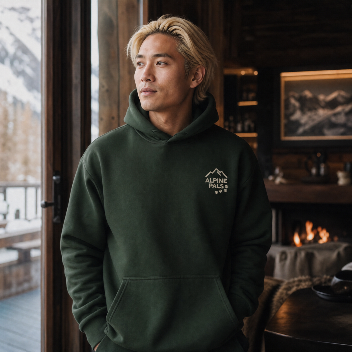 Man wearing a forest green hoodie with 'Alpine Pals' logo in a cozy indoor setting with a fireplace and mountain view.