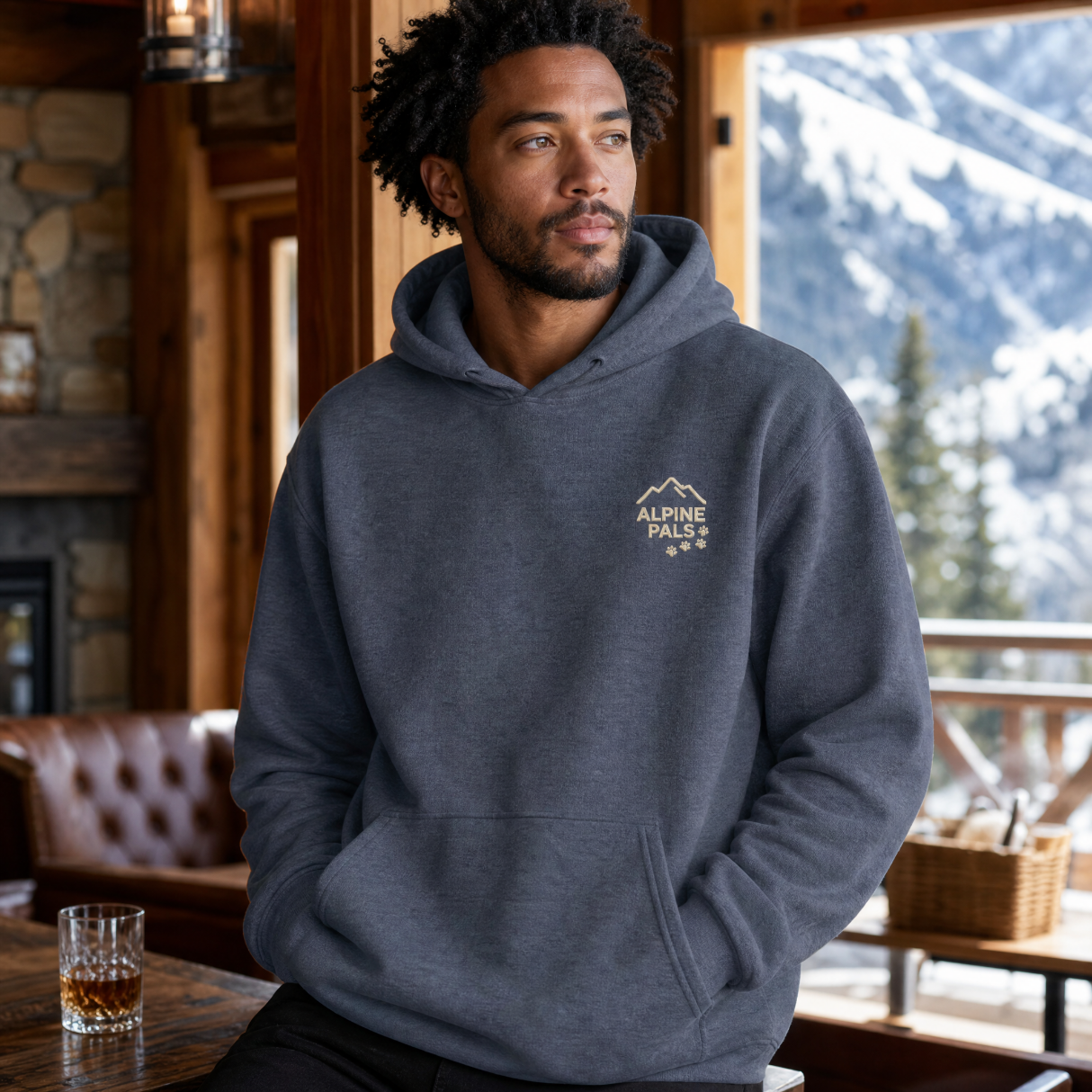 Man wearing a hoodie with 'Alpine Pals' logo in a mountain lodge setting