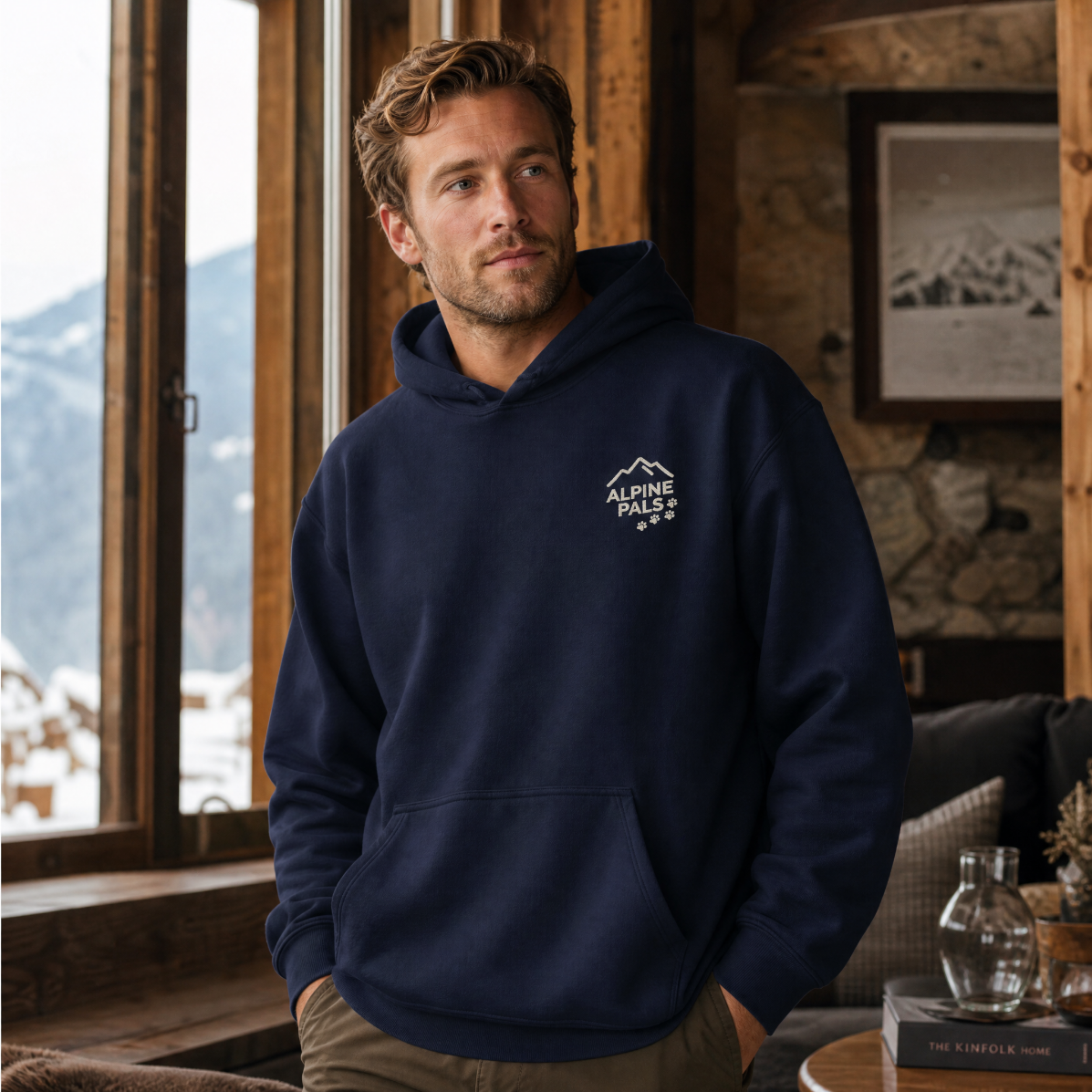 Man wearing a navy hoodie with a logo, standing in a cozy room with large windows showing a snowy landscape.