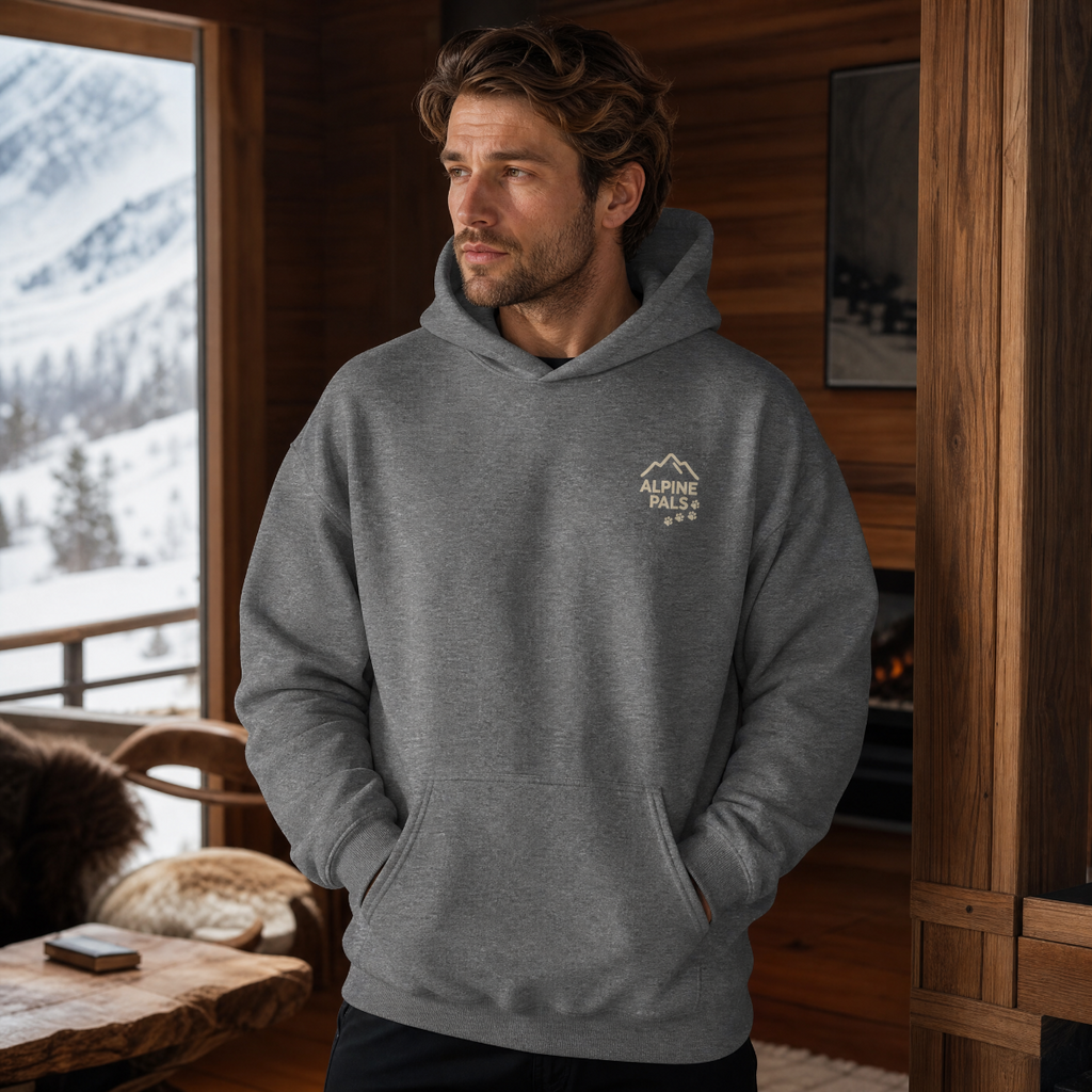 Man wearing a graphite gray hoodie with a logo in a cabin setting