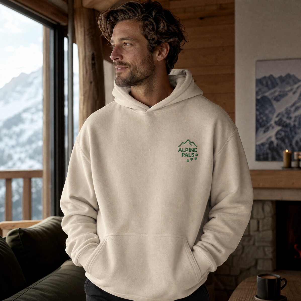 Man wearing a sand colored hoodie with a logo, standing in a cozy room with a mountain view.