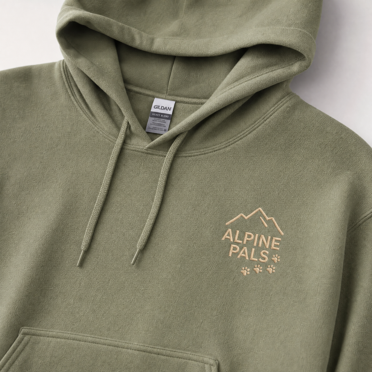Military green hoodie with 'Alpine Pals' logo on a white background