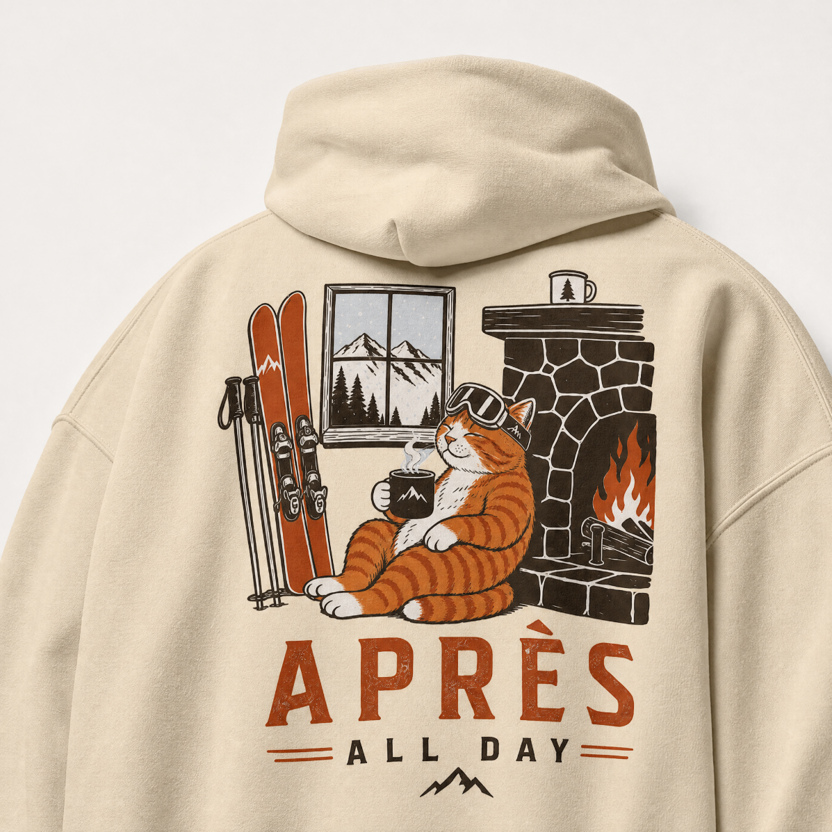 Sand colored hoodie with a cat graphic and 'Après All Day' text on the back.