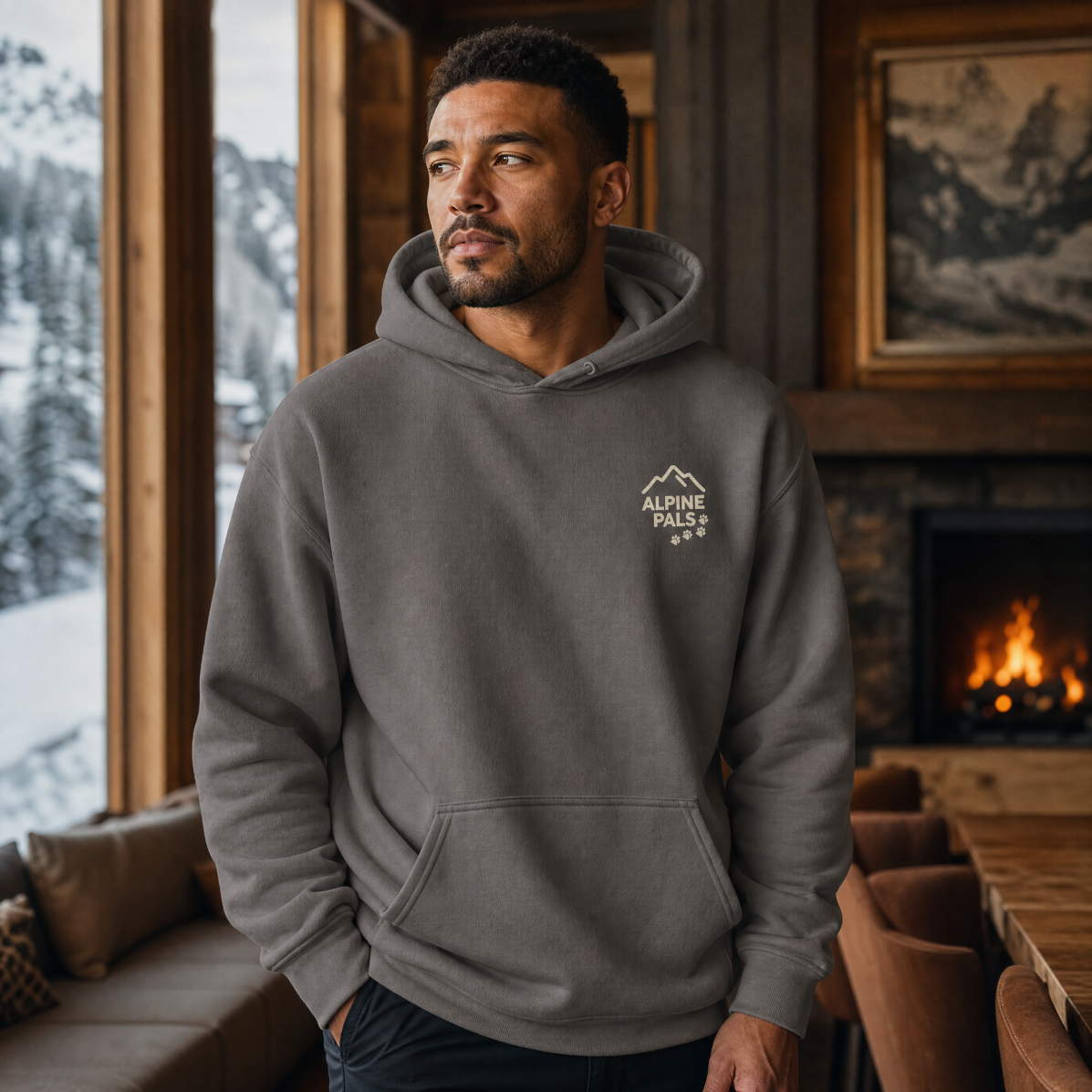 Man wearing a charcoal gray hoodie with a logo in a cozy room with a fireplace and snowy view.