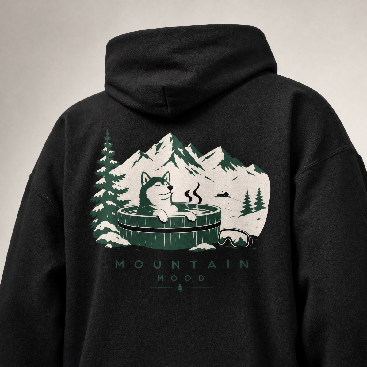 Black hoodie with a graphic of a cat in a hot tub surrounded by mountains and trees on the back.