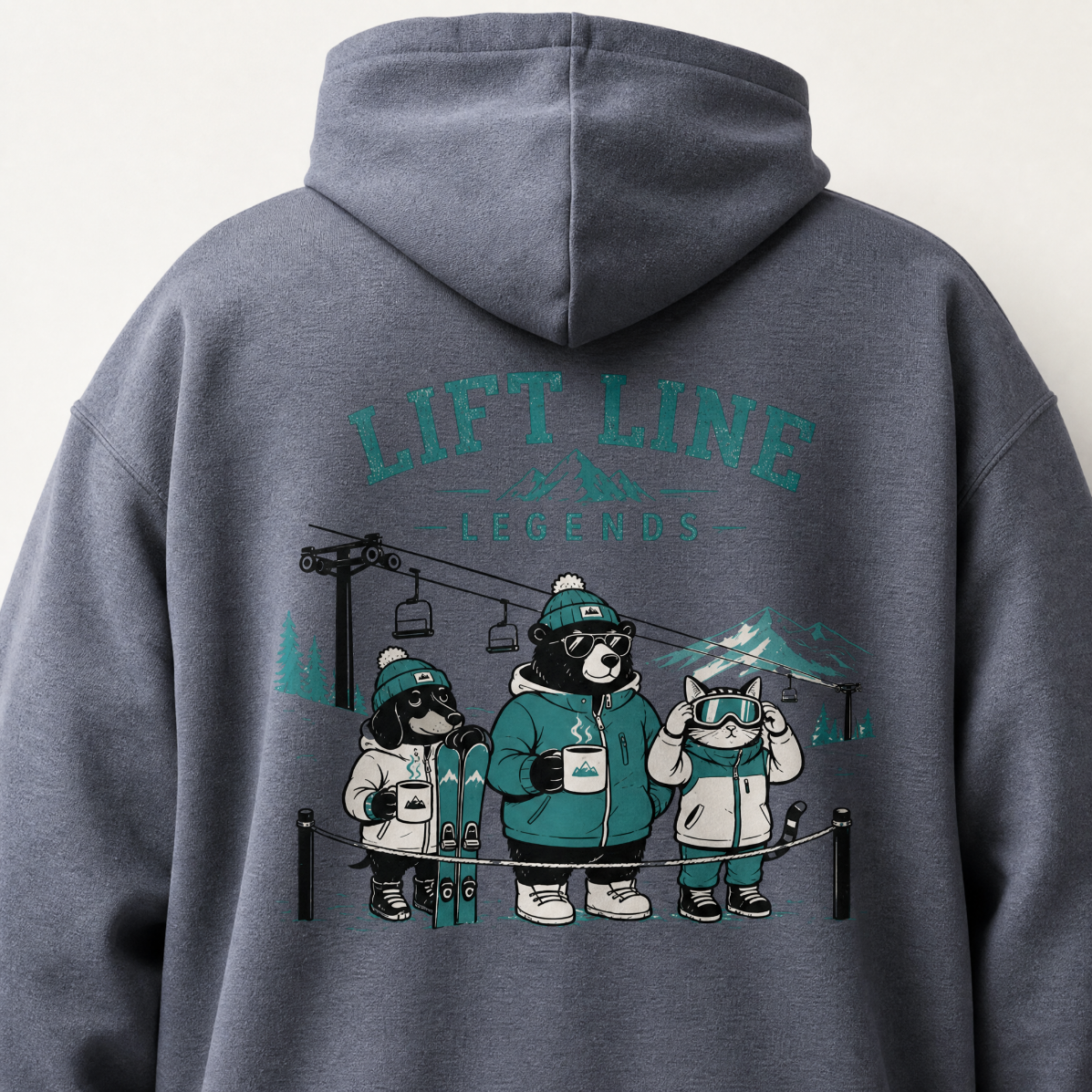 Heather sport dark navy hoodie with bear graphic and 'Lift Line Legends' text on the back