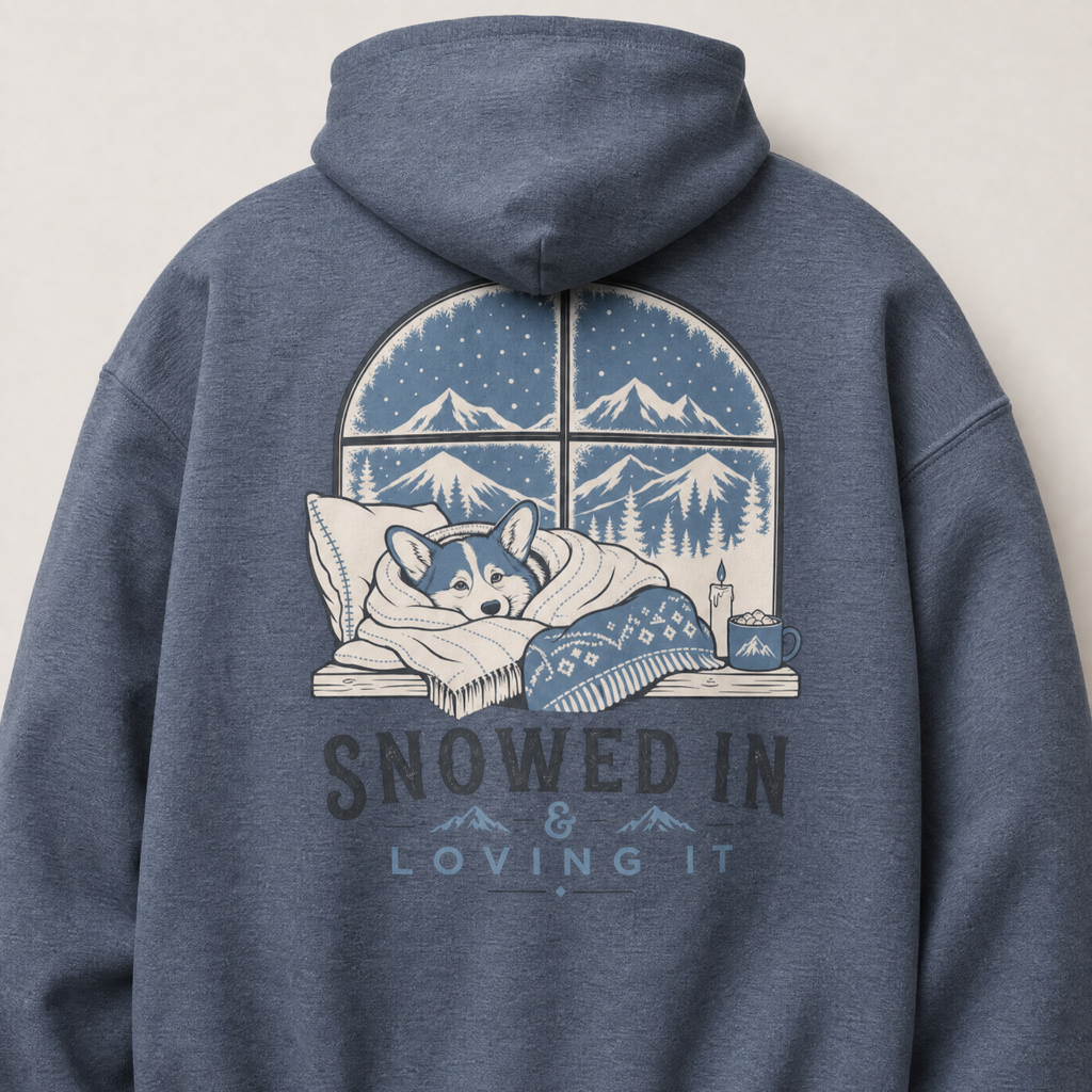 Heather sport dark navy hoodie with a graphic of a dog by a window and 'Snowed In & Loving It' text on the back.