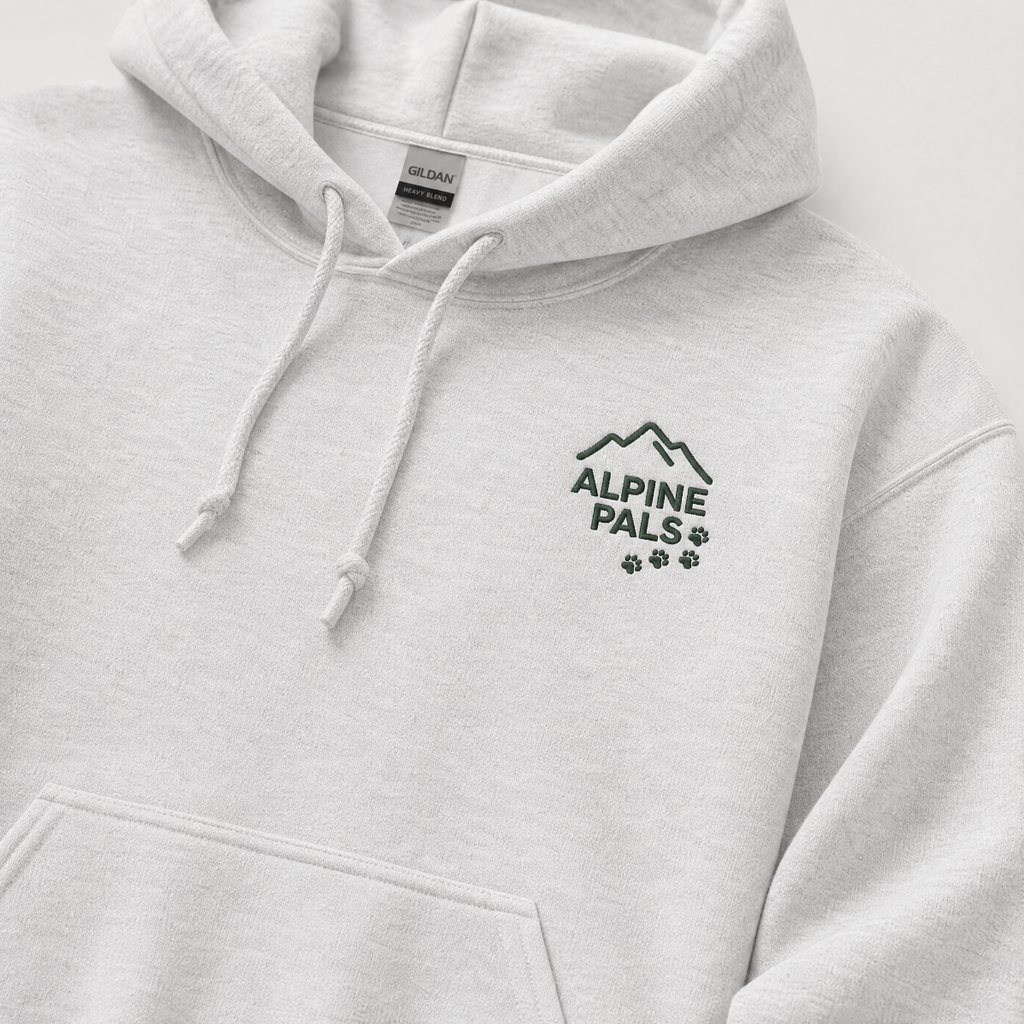 Ash gray  hoodie with 'Alpine Pals' logo on a white background