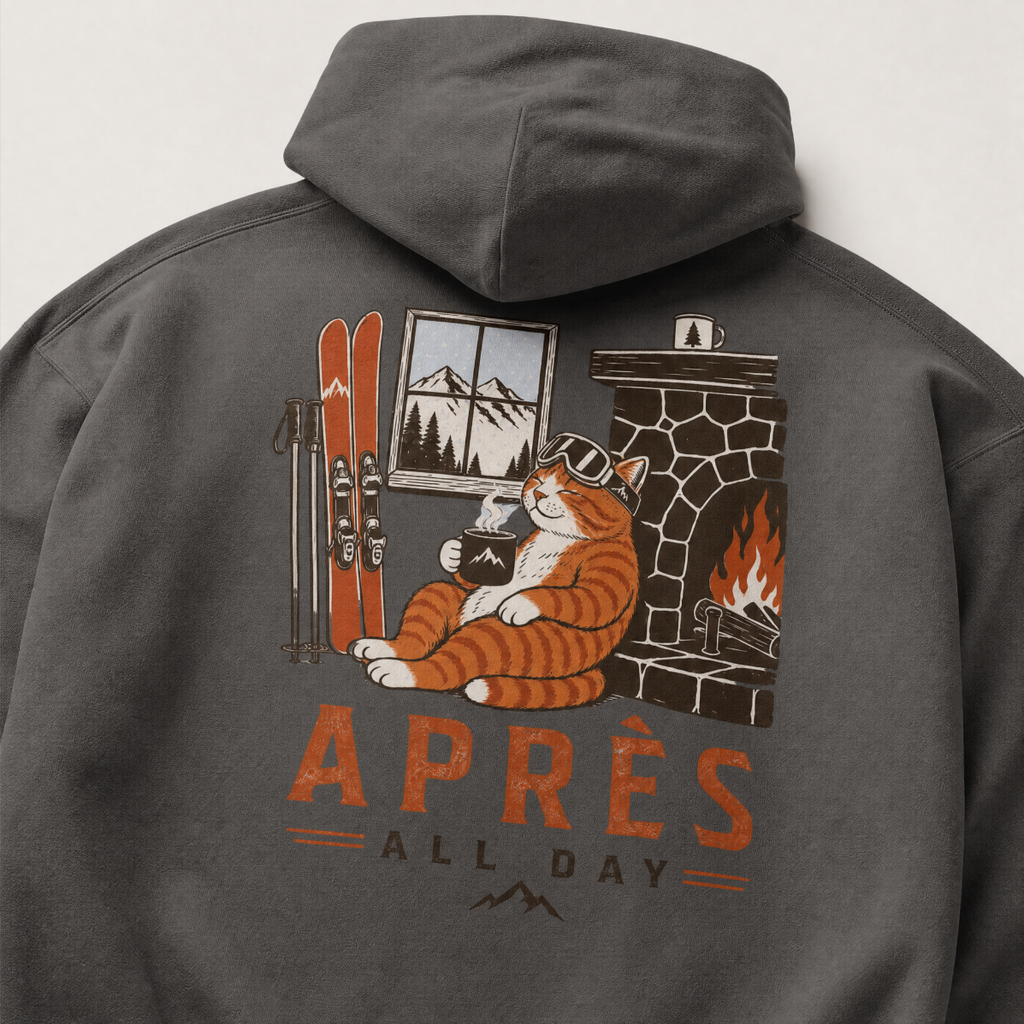 Charcoal gray hoodie with a cat graphic and 'APRES ALL DAY' text on the back