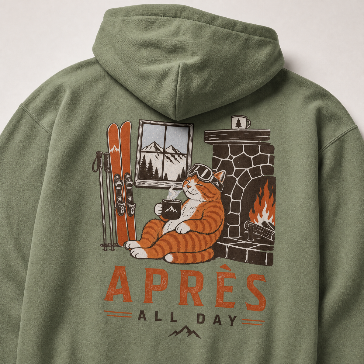Military green hoodie with a cat graphic and 'Après All Day' text on the back