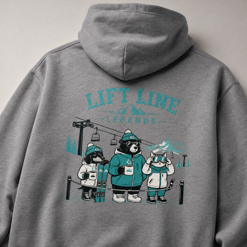 Graphite gray hoodie with 'Lift Line Legends' graphic on the back