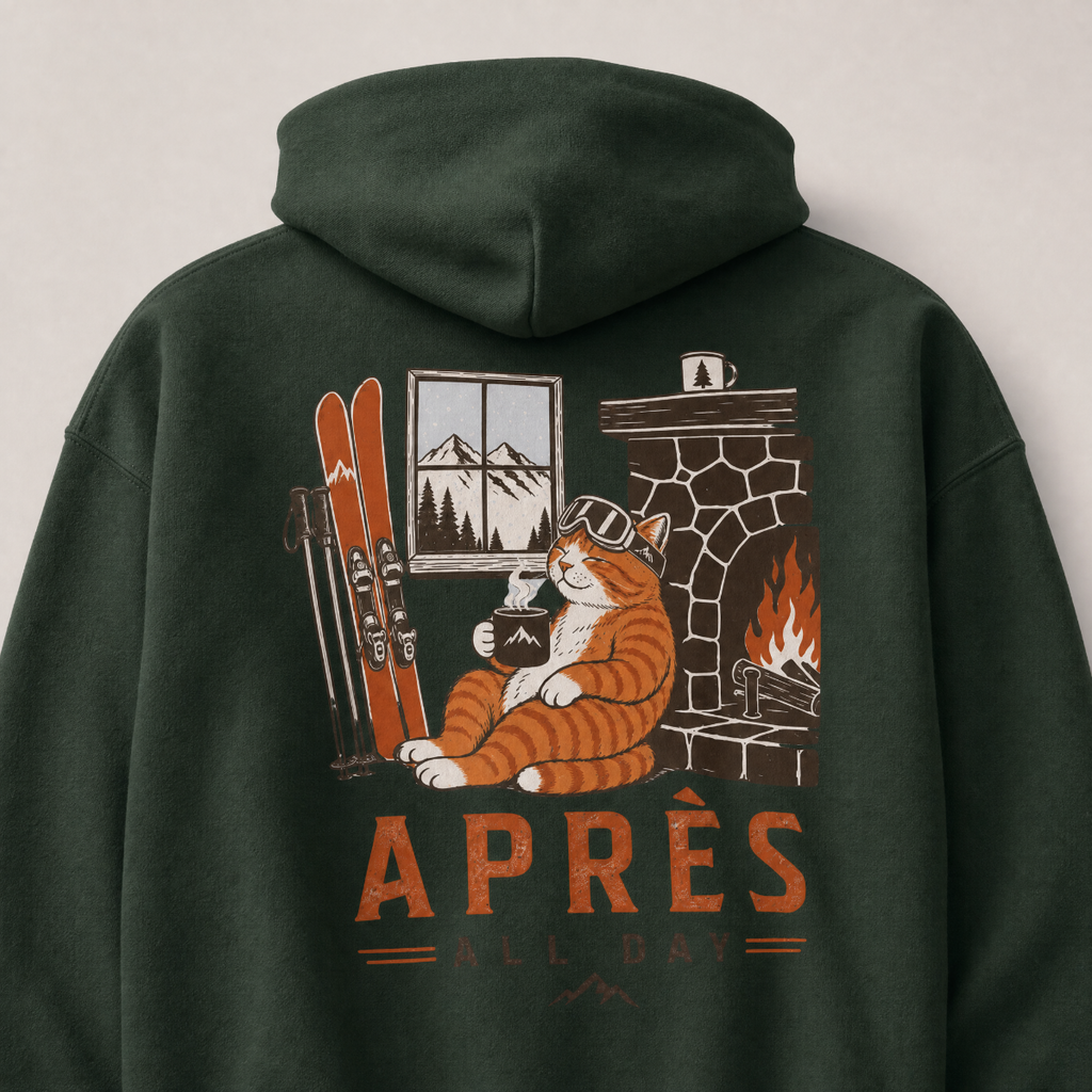 Forest green hoodie with a cat graphic and 'APRES ALL DAY' text on the back.
