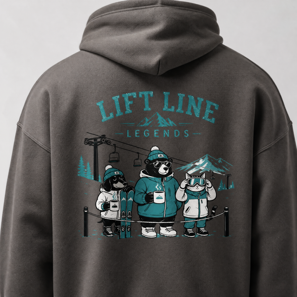 Charcoal gray hoodie with 'Lift Line Legends' graphic on the back