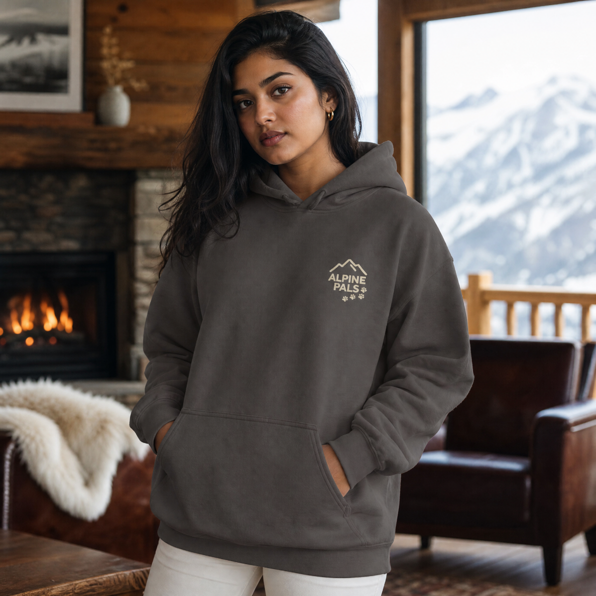 Woman wearing a dark heather gray hoodie with 'Alpine Pals' logo in a cozy living room with a fireplace and mountain view.