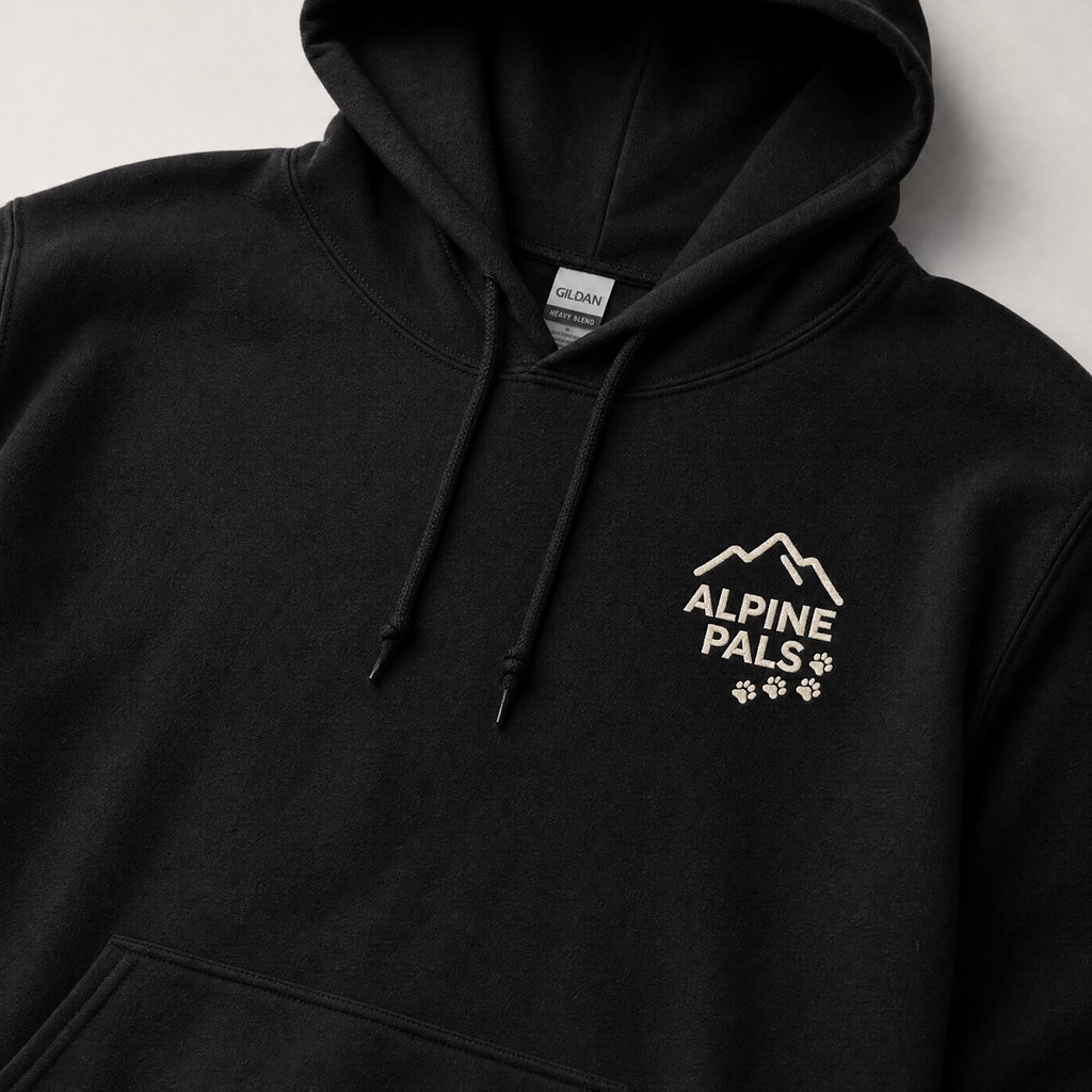 Black hoodie with 'Alpine Pals' logo on a light gray background