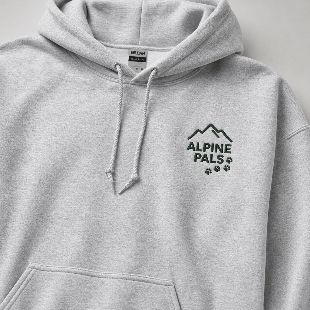 Sport grey hoodie with 'Alpine Pals' logo on a plain background
