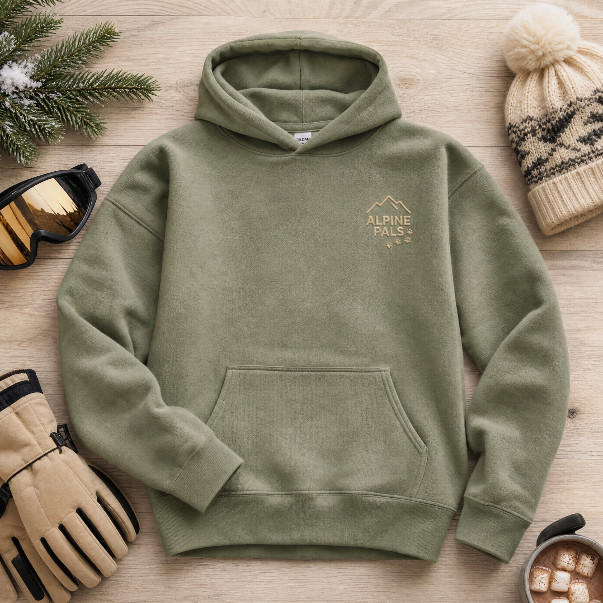 Military green hoodie with 'Alpine Pals' logo on a wooden surface with winter accessories.