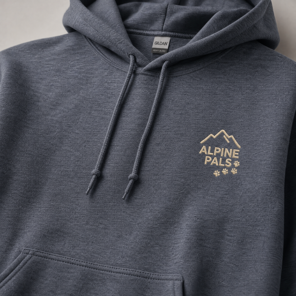 Heather sport dark navy hoodie with 'Alpine Pals' logo on a neutral background