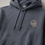 Heather sport dark navy hoodie with 'Alpine Pals' logo on a neutral background
