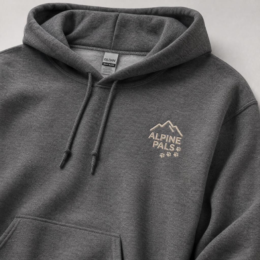 Graphite gray hoodie with 'Alpine Pals' logo on a light gray background