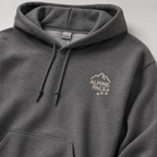 Graphite gray hoodie with 'Alpine Pals' logo on a light gray background