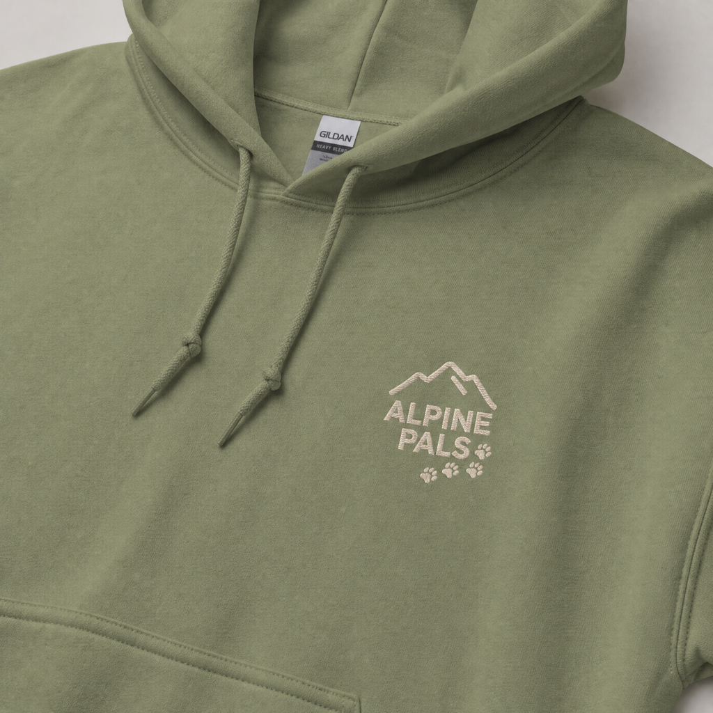 Military green hoodie with 'Alpine Pals' logo on a white background