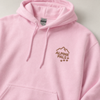 Pink hoodie with 'Alpine Pals' logo on a light gray background