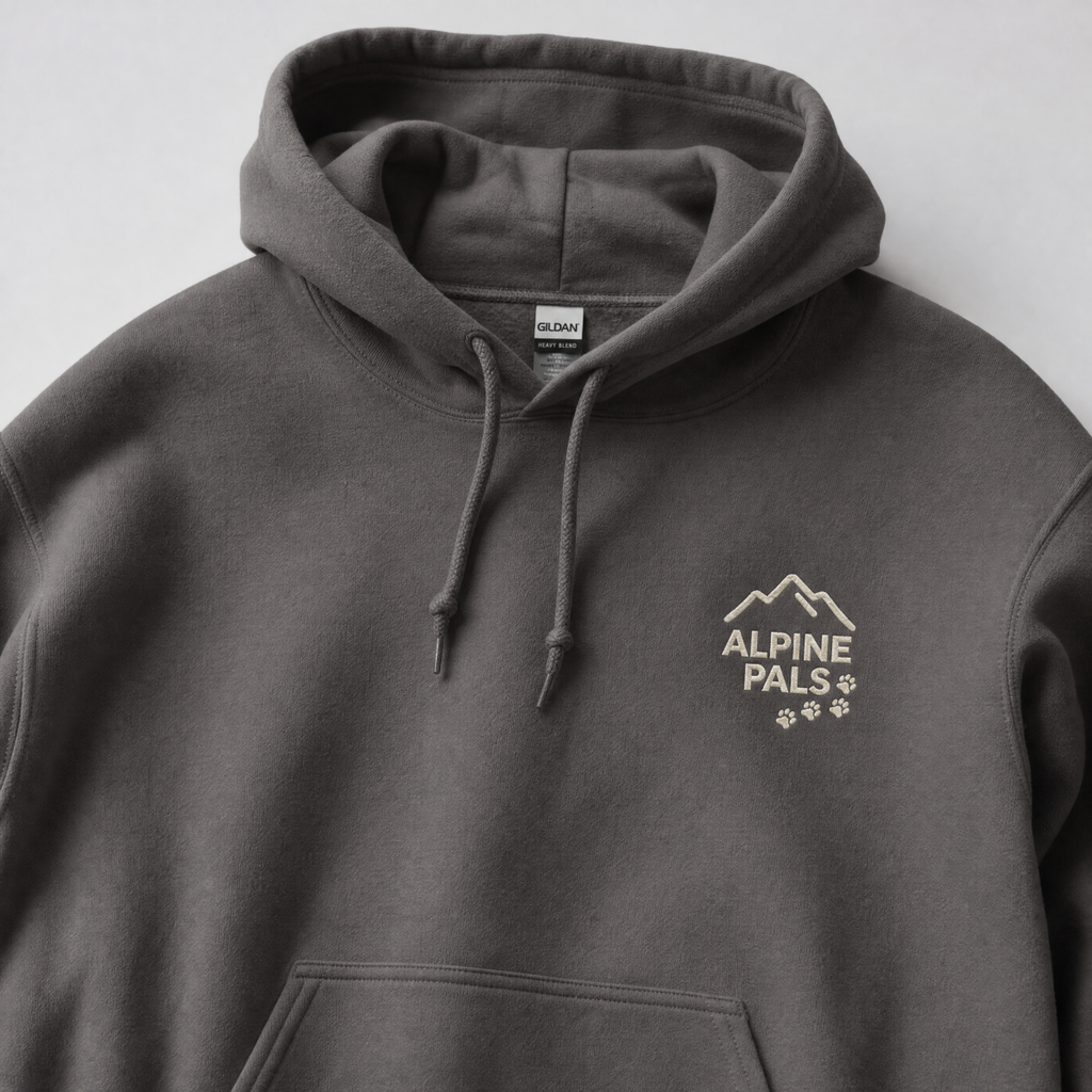 Charcoal gray hoodie with 'Alpine Pals' logo on a white background