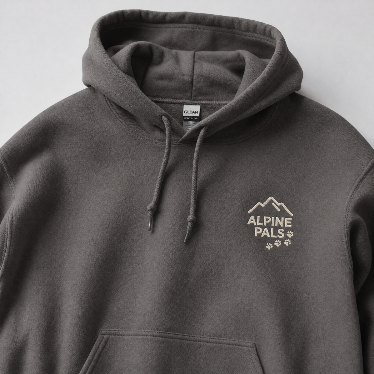 Charcoal gray hoodie with 'Alpine Pals' logo on a white background