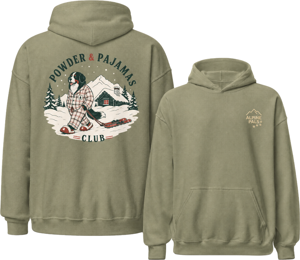 Military green hoodie with front and back designs on a white background