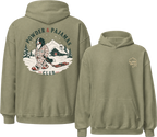 Military green hoodie with front and back designs on a white background