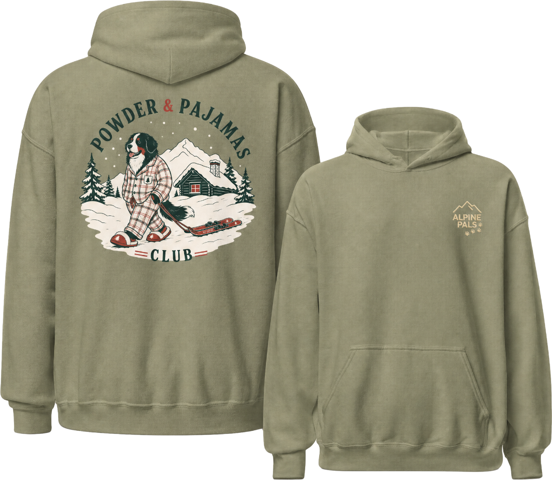 Military green hoodie with front and back designs on a white background