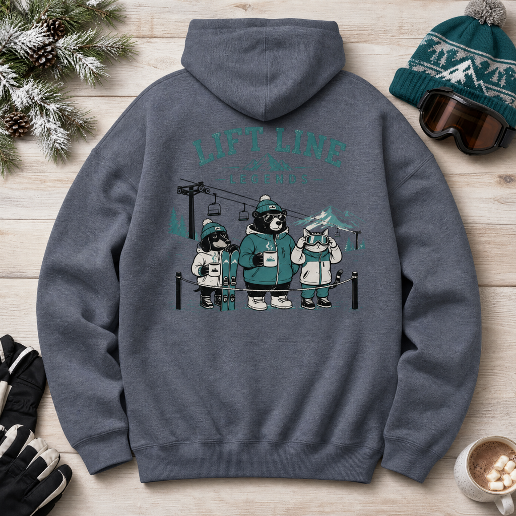 Heather sport dark navy hoodie with bear graphic and 'Lift Line' text on a wooden surface with winter accessories.