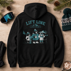 Black hoodie with 'Lift Line Legends' graphic on a wooden surface with winter accessories.